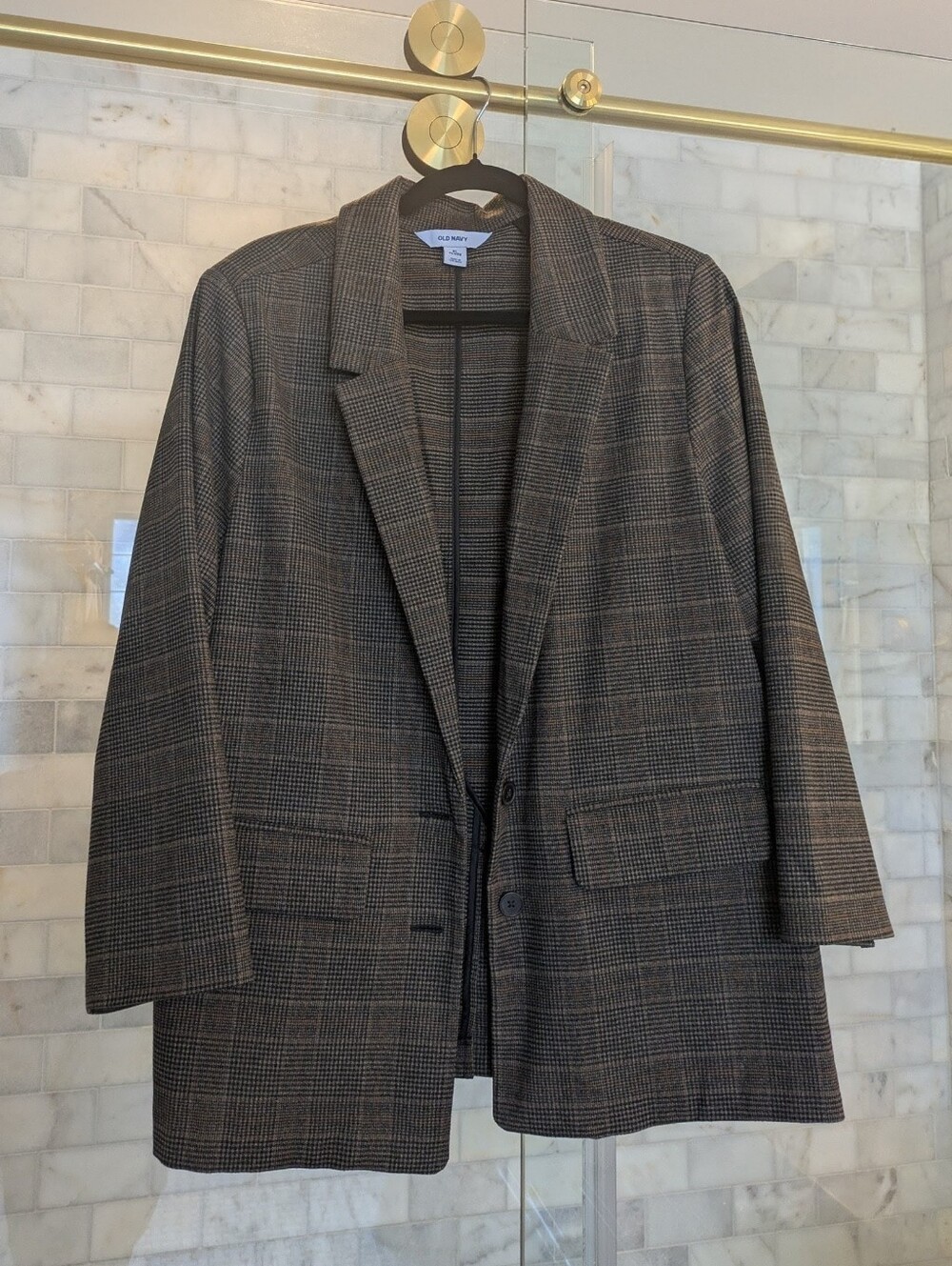 Old Navy Women’s Plaid Blazer in Brown, Charcoal, And Orange